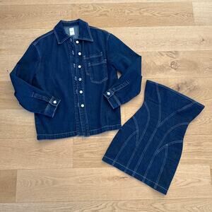 Mistress Rocks - Strapless Denim Mini Dress & Oversized Denim Shirt in Blue